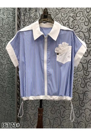 16373<br/>Striped Zipper Up Short Sleeve Shirt
