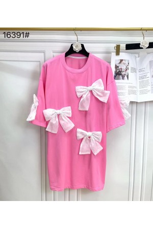 16391<br/>Solid Short Sleeve Top w/bow tie